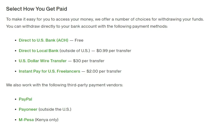 Upwork withdrawal payment method options and fees