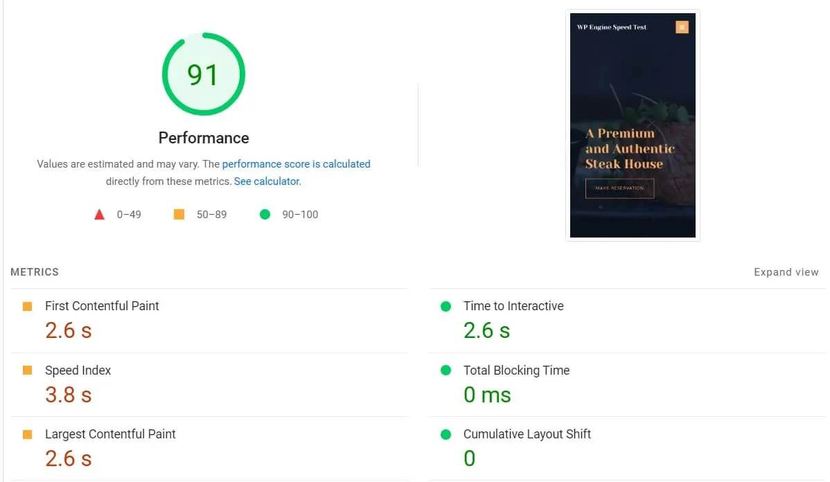 WP Engine PageSpeed mobile score with an Astra starter template