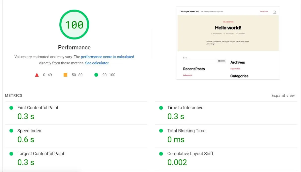 WP Engine PageSpeed desktop score with the Twenty Twenty theme