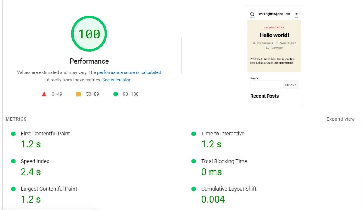 WP Engine PageSpeed mobile score with the Twenty Twenty theme