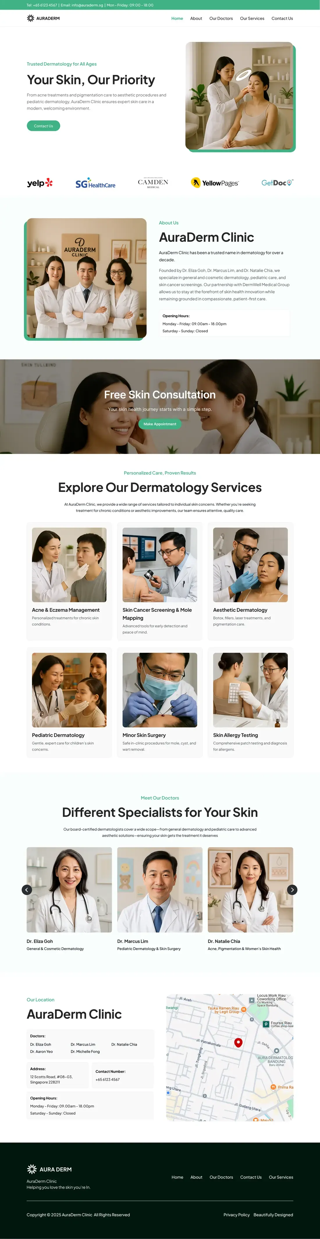 The AuraDerm Clinic home page, top to bottom