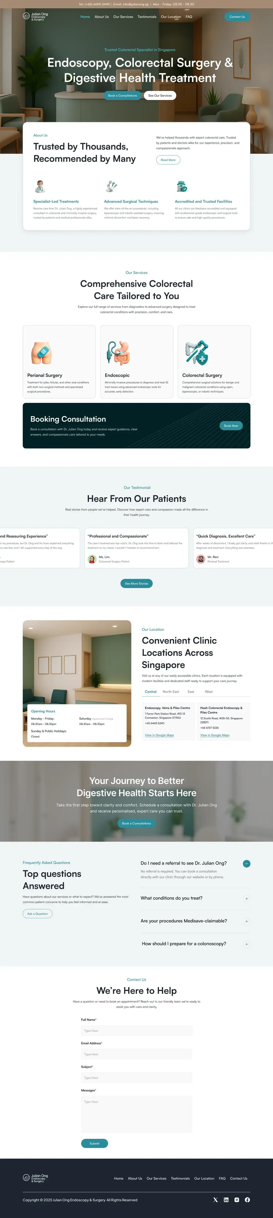 The Julian Ong Endoscopy & Surgery: Clinic Site home page, top to bottom
