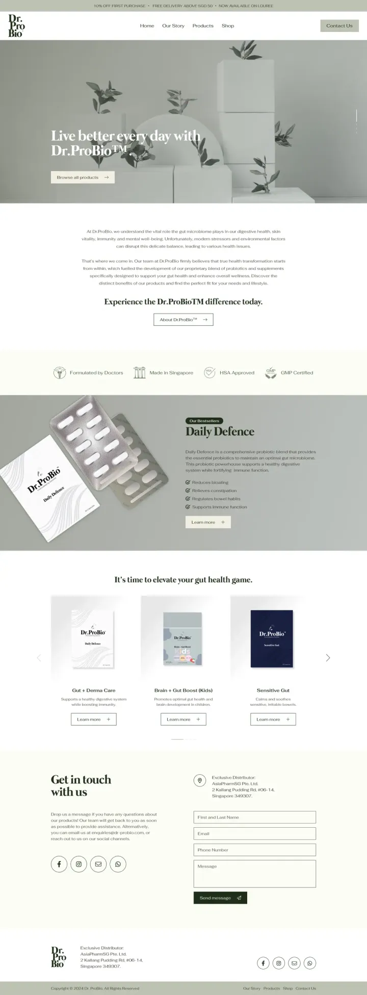 A website built by Cylas Tee for a probiotic supplements, full page