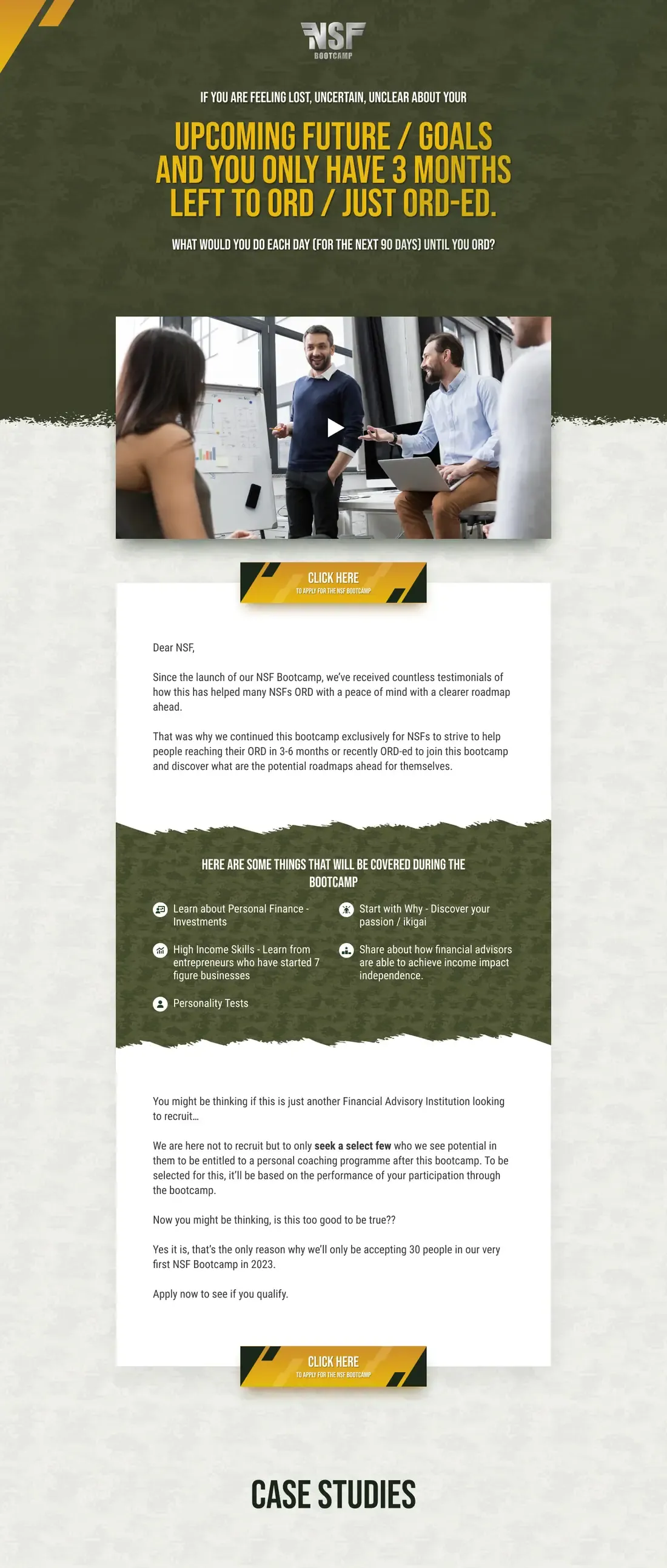 The NSF Bootcamp home page, top to bottom