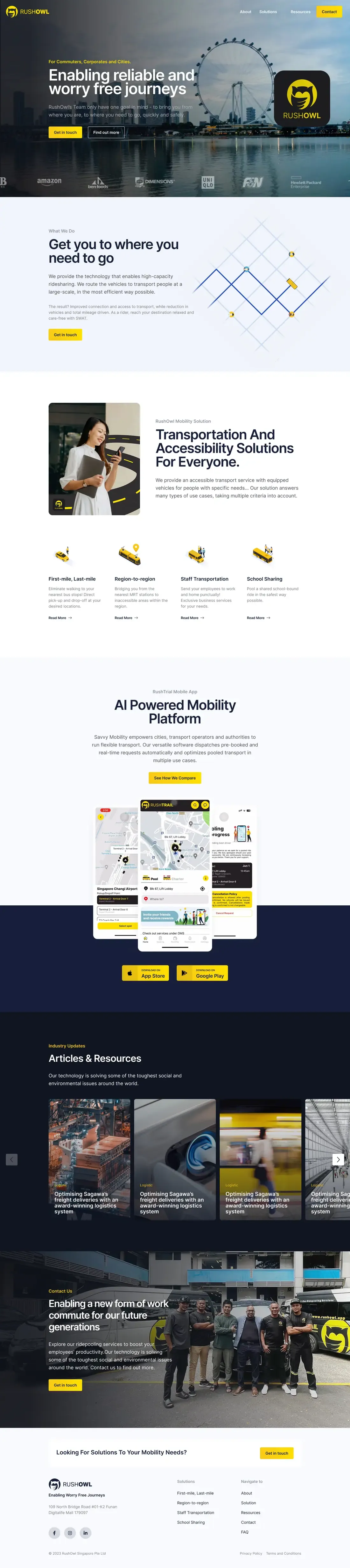 The RushOwl home page, top to bottom