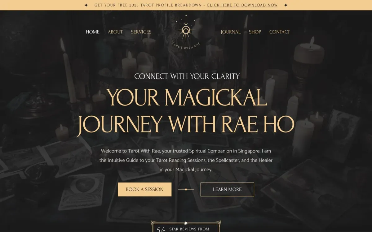 The Tarot With Rae (Dark) website on a laptop and a phone