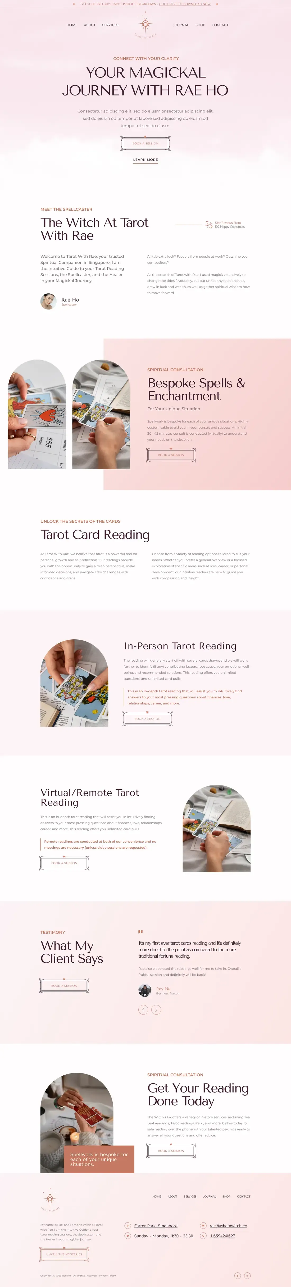 The Tarot With Rae (Light) home page, top to bottom